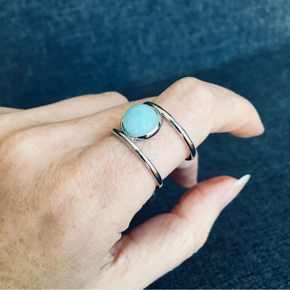 Bohemian Blue Stone Silver Fashion Ring, Size 9